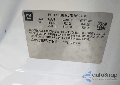 2015 Chevrolet Cruze 1Lt Auto z USA, uszkodzony, nr VIN 1G1PC5SB3F7213910